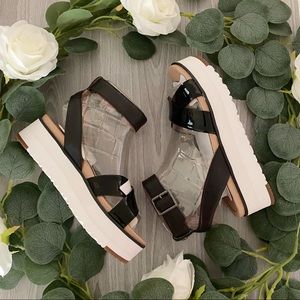 UGG Black & White Strappy Patent Leather Tipton Platform Sandal with Ankle Strap